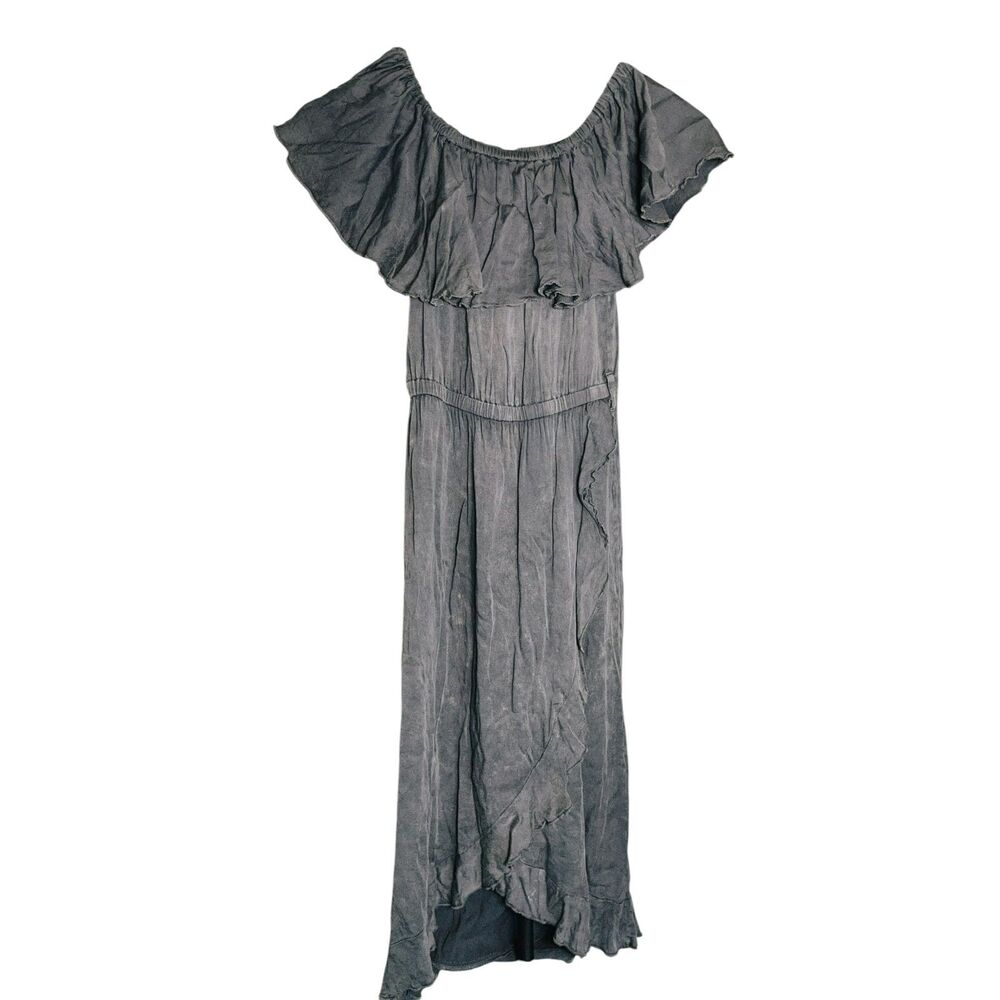CHA SOR Women's Off Shoulder Maxi Dress Gray Ruffle Boho Festival Size M